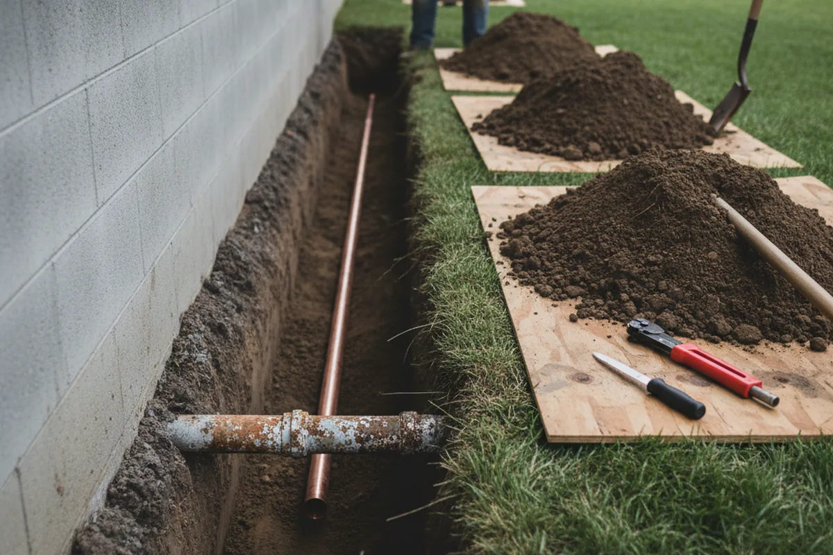 Excavated water line trench during Water Softener Installation in Union Mills